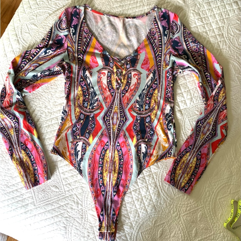 Free People Bodysuit Long Sleeve Top Boho Hippie Top Sz M - Picture 6 of 12
